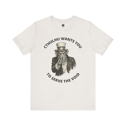 Cthulhu Wants You T-Shirt – Mythos Horror Tee for Lovecraft Fans shown flat in white, featuring the Cthulhu Uncle Sam design and dark humor appeal.