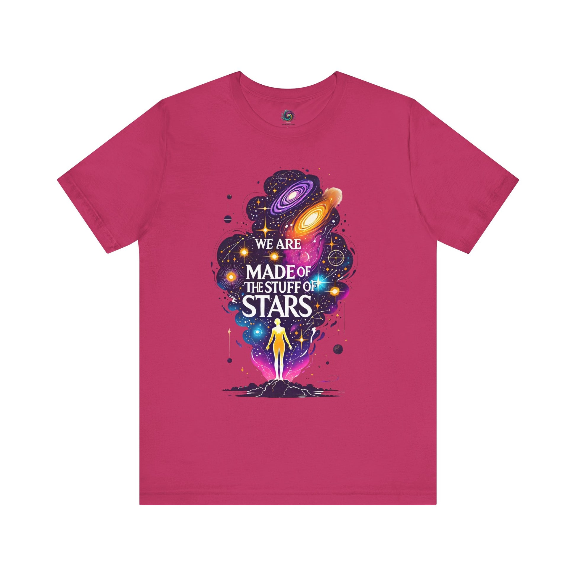 We Are Made of Star Stuff T-Shirt – Carl Sagan Inspired Galaxy Tee in berry with vibrant nebula art perfect for science and space lovers.