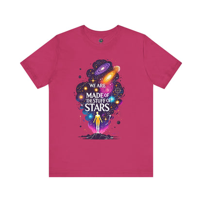 We Are Made of Star Stuff T-Shirt – Carl Sagan Inspired Galaxy Tee in berry with vibrant nebula art perfect for science and space lovers.