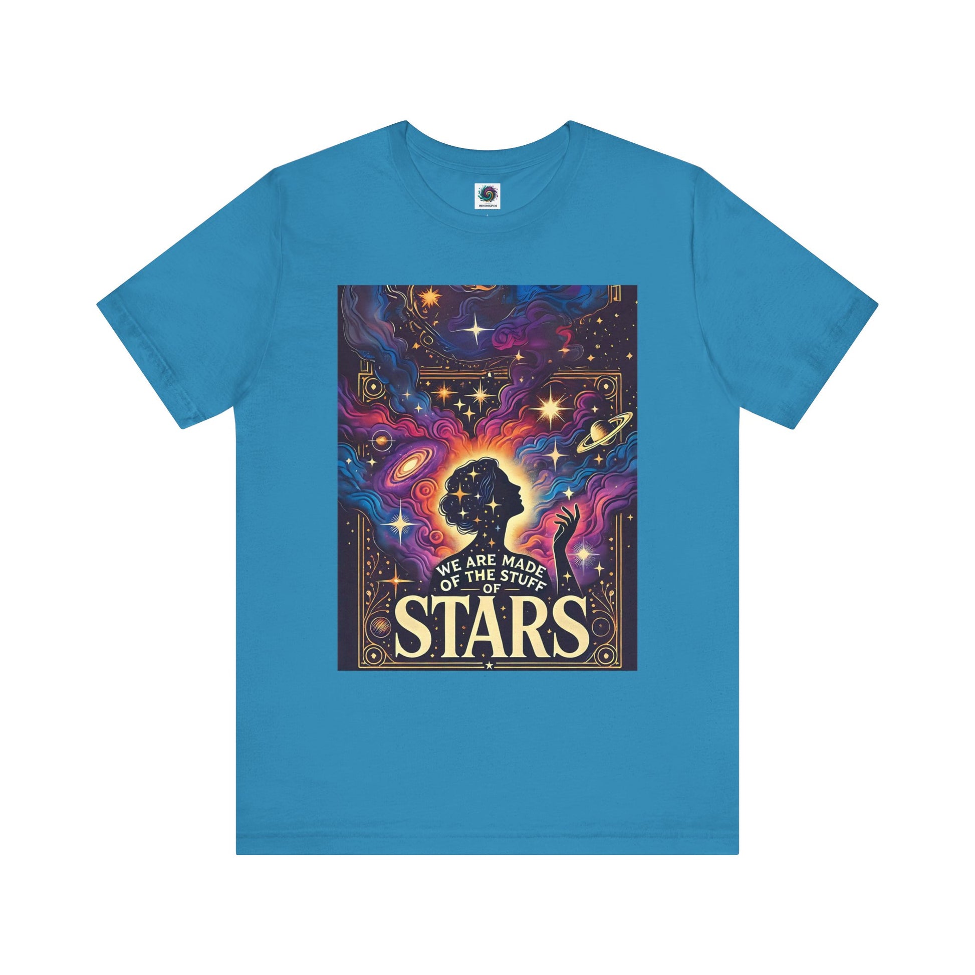Aqua cosmic t shirt featuring celestial silhouette, nebula art, and space goddess design