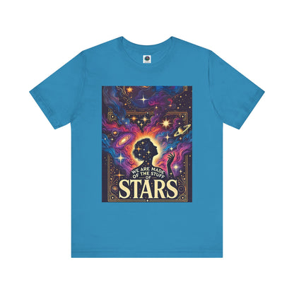 Aqua cosmic t shirt featuring celestial silhouette, nebula art, and space goddess design