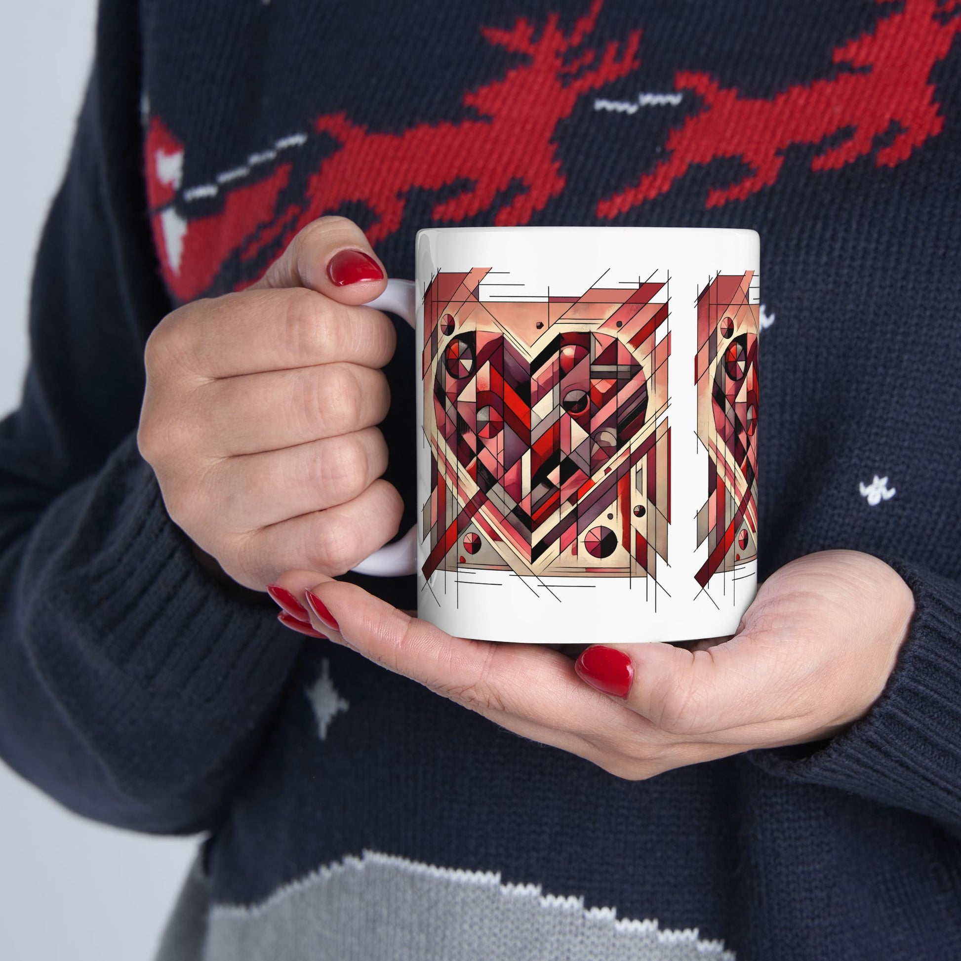Cubist Heart Mug – Modern Art Valentine's Day Ceramic Coffee Cup (11oz/15oz) held in both hands, highlighting the geometric cubist heart artwork and its warm, art-forward Valentine appeal.