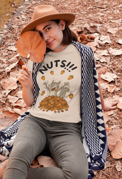 Crazy Squirrel Shirt – Funny Squirrel Nuts T-Shirt for Quirky Style with a hyper squirrel and acorns, modeled outdoors during fall
