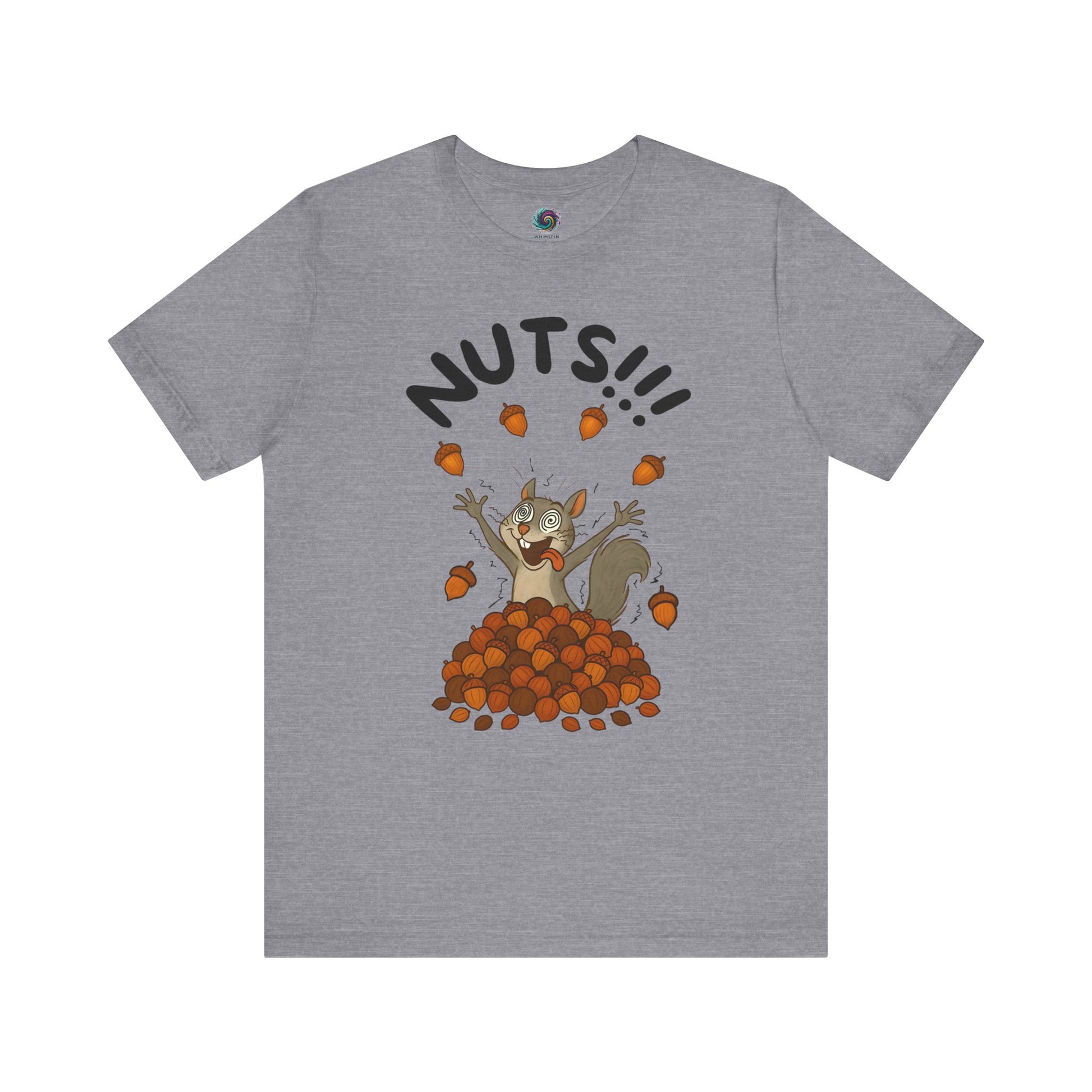 Crazy Squirrel Shirt – Funny Squirrel Nuts T-Shirt for Quirky Style worn by smiling woman at a festive Halloween party with banners and costumes