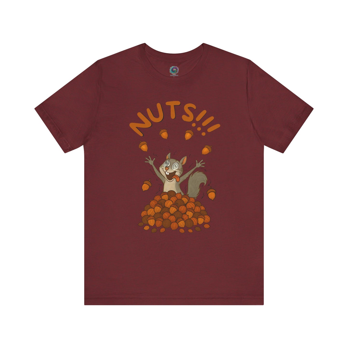 Crazy Squirrel Shirt – Funny Squirrel Nuts T-Shirt for Quirky Style shown in heather cardinal with playful squirrel and nuts graphic