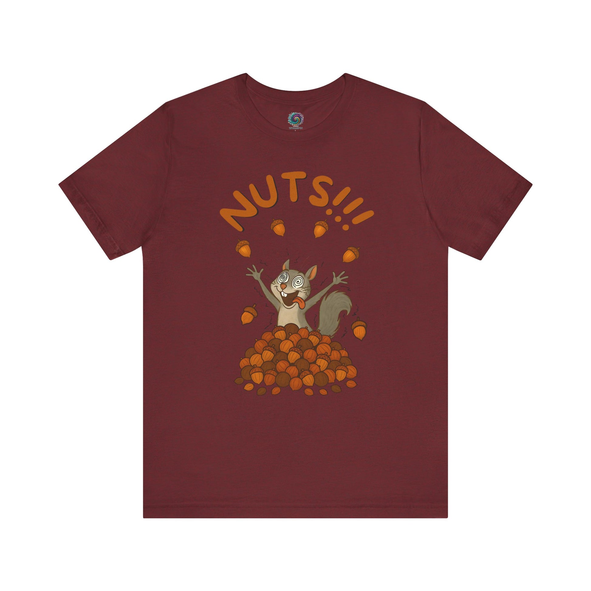Crazy Squirrel Shirt – Funny Squirrel Nuts T-Shirt for Quirky Style shown in heather cardinal with playful squirrel and nuts graphic