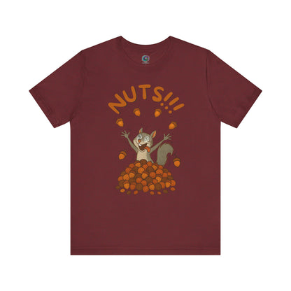 Crazy Squirrel Shirt – Funny Squirrel Nuts T-Shirt for Quirky Style shown in heather cardinal with playful squirrel and nuts graphic
