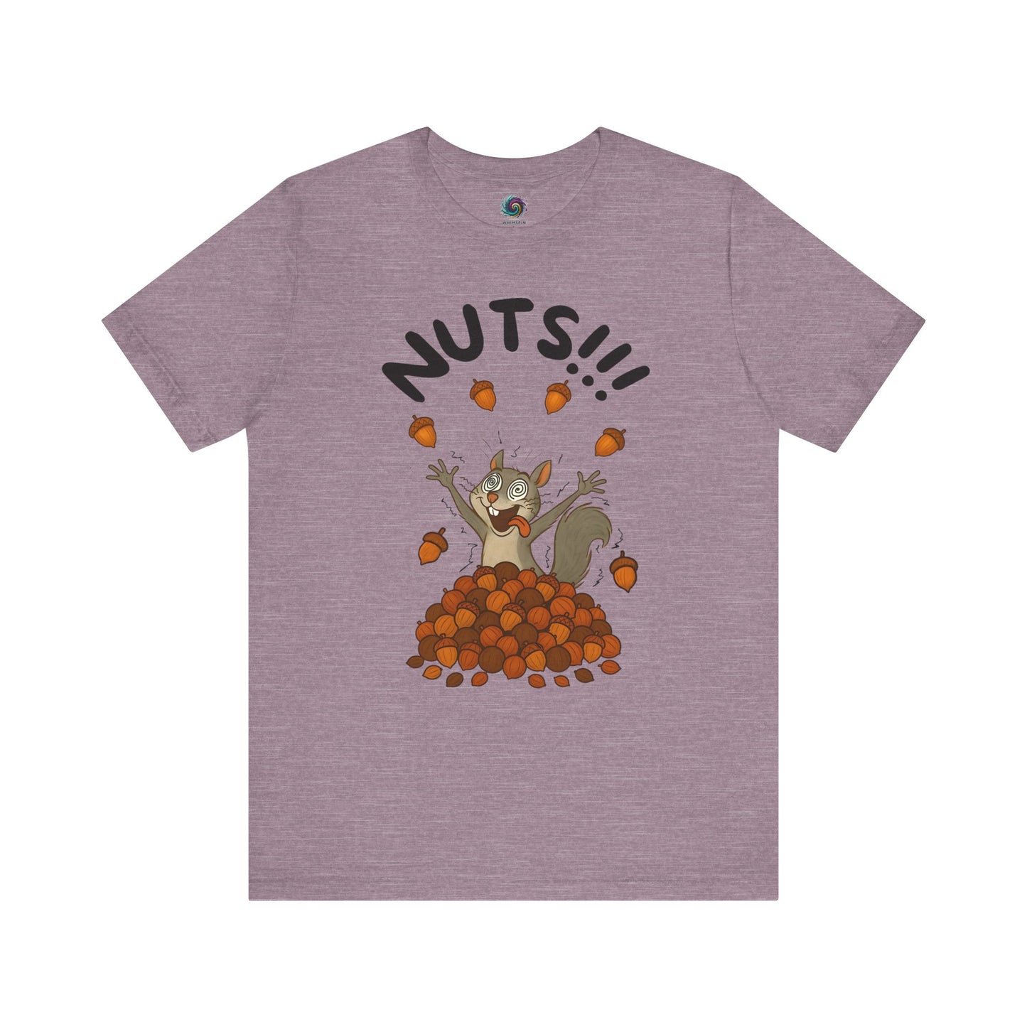 Crazy Squirrel Shirt – Funny Squirrel Nuts T-Shirt for Quirky Style in heather purple, shown flat with lively squirrel and acorn illustration