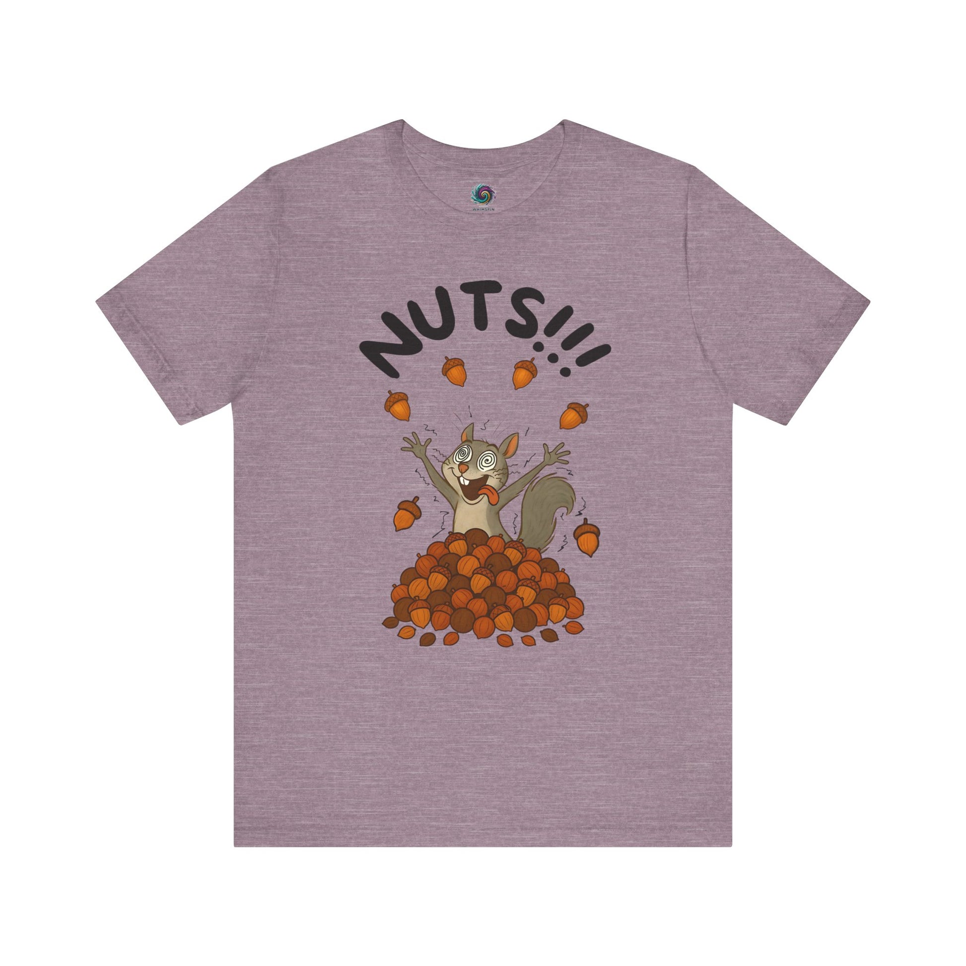 Crazy Squirrel Shirt – Funny Squirrel Nuts T-Shirt for Quirky Style in heather purple, shown flat with lively squirrel and acorn illustration