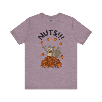 Crazy Squirrel Shirt – Funny Squirrel Nuts T-Shirt for Quirky Style in heather purple, shown flat with lively squirrel and acorn illustration