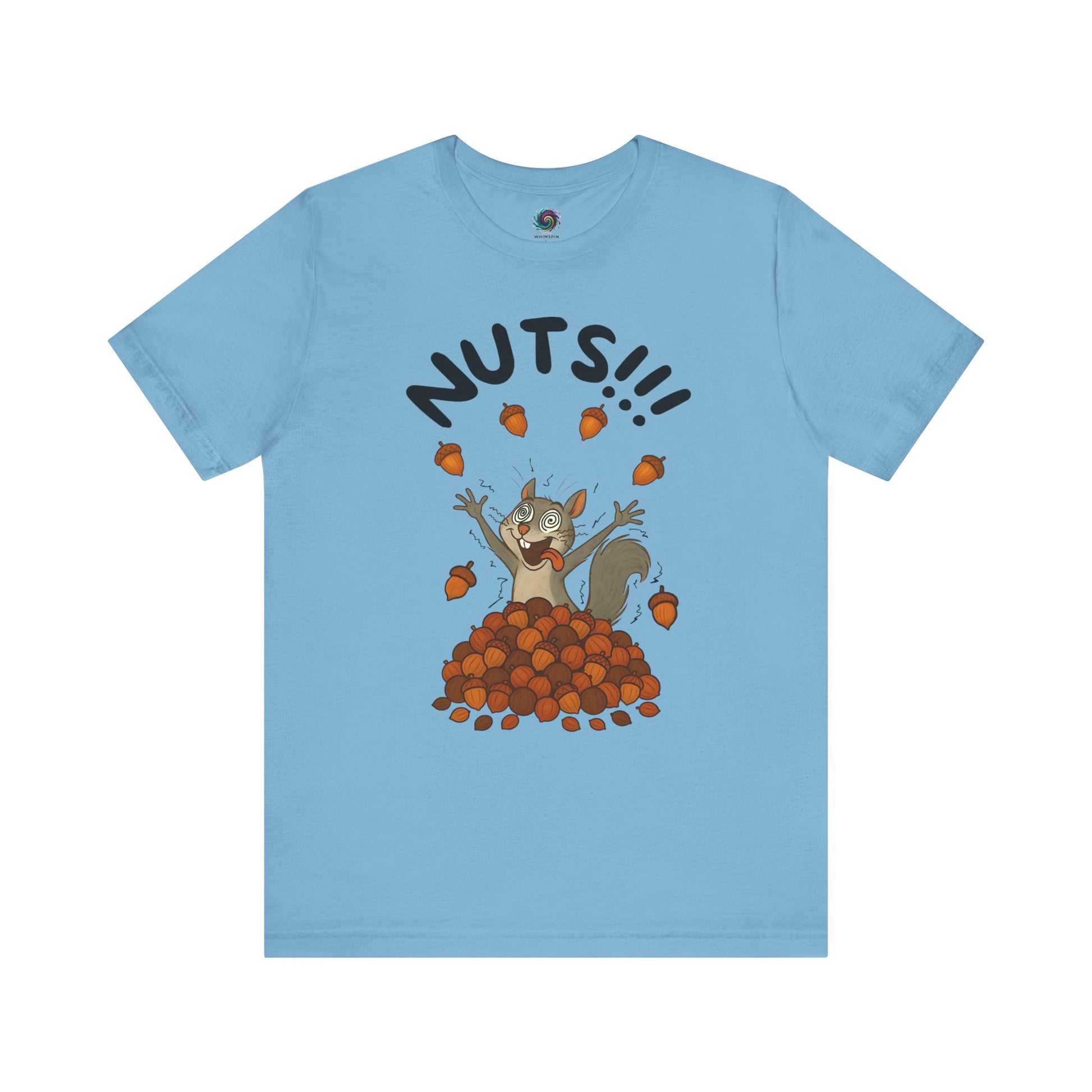 Crazy Squirrel Shirt – Funny Squirrel Nuts T-Shirt for Quirky Style laid flat in ocean blue, highlighting energetic squirrel illustration