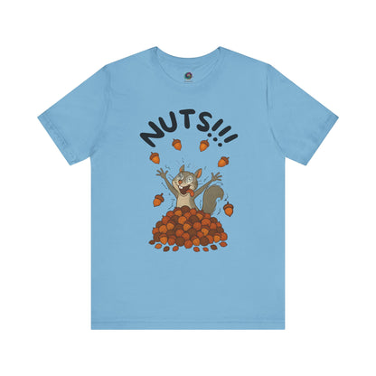 Crazy Squirrel Shirt – Funny Squirrel Nuts T-Shirt for Quirky Style laid flat in ocean blue, highlighting energetic squirrel illustration