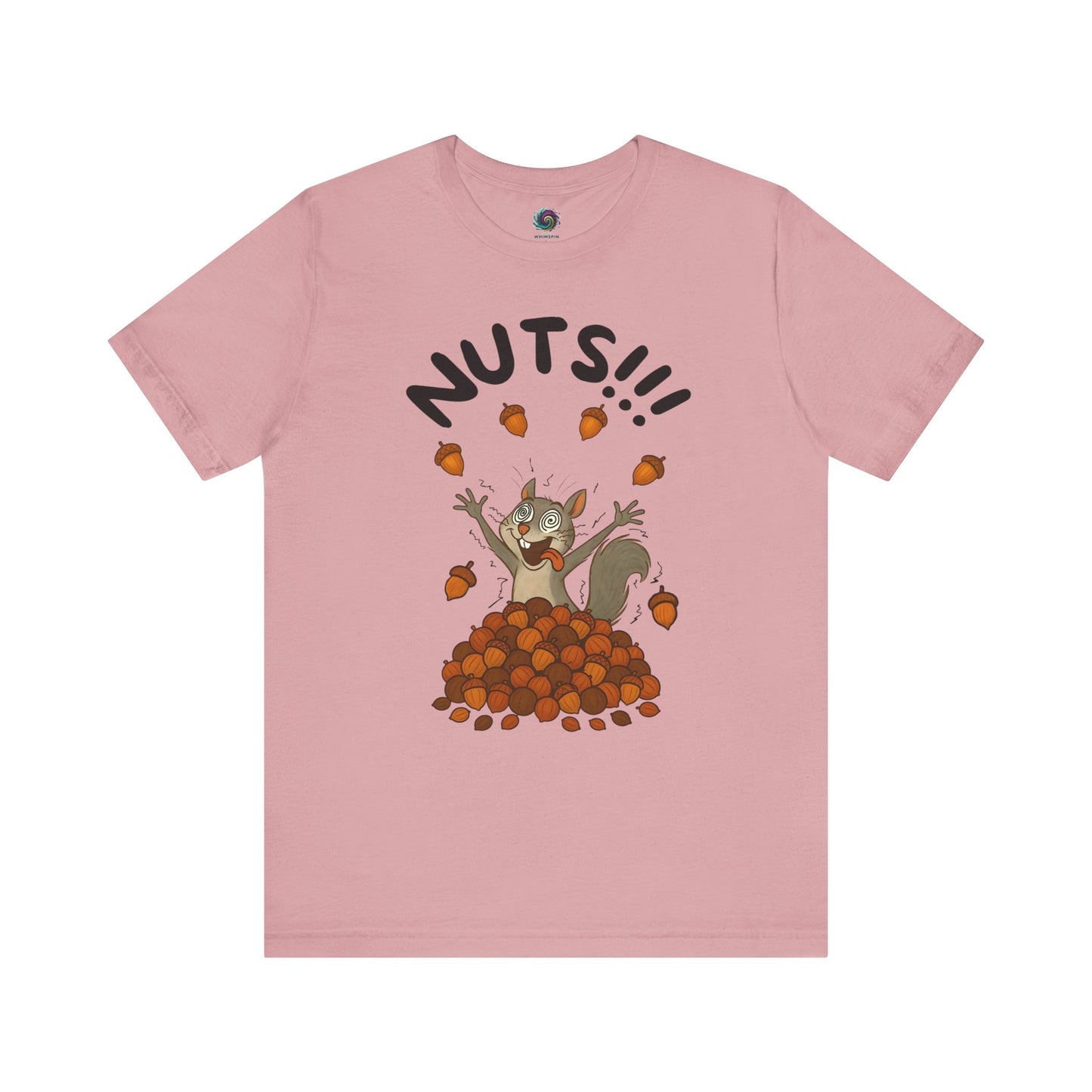 Crazy Squirrel Shirt – Funny Squirrel Nuts T-Shirt for Quirky Style laid flat in orchid, cartoon squirrel leaping with excitement over nuts