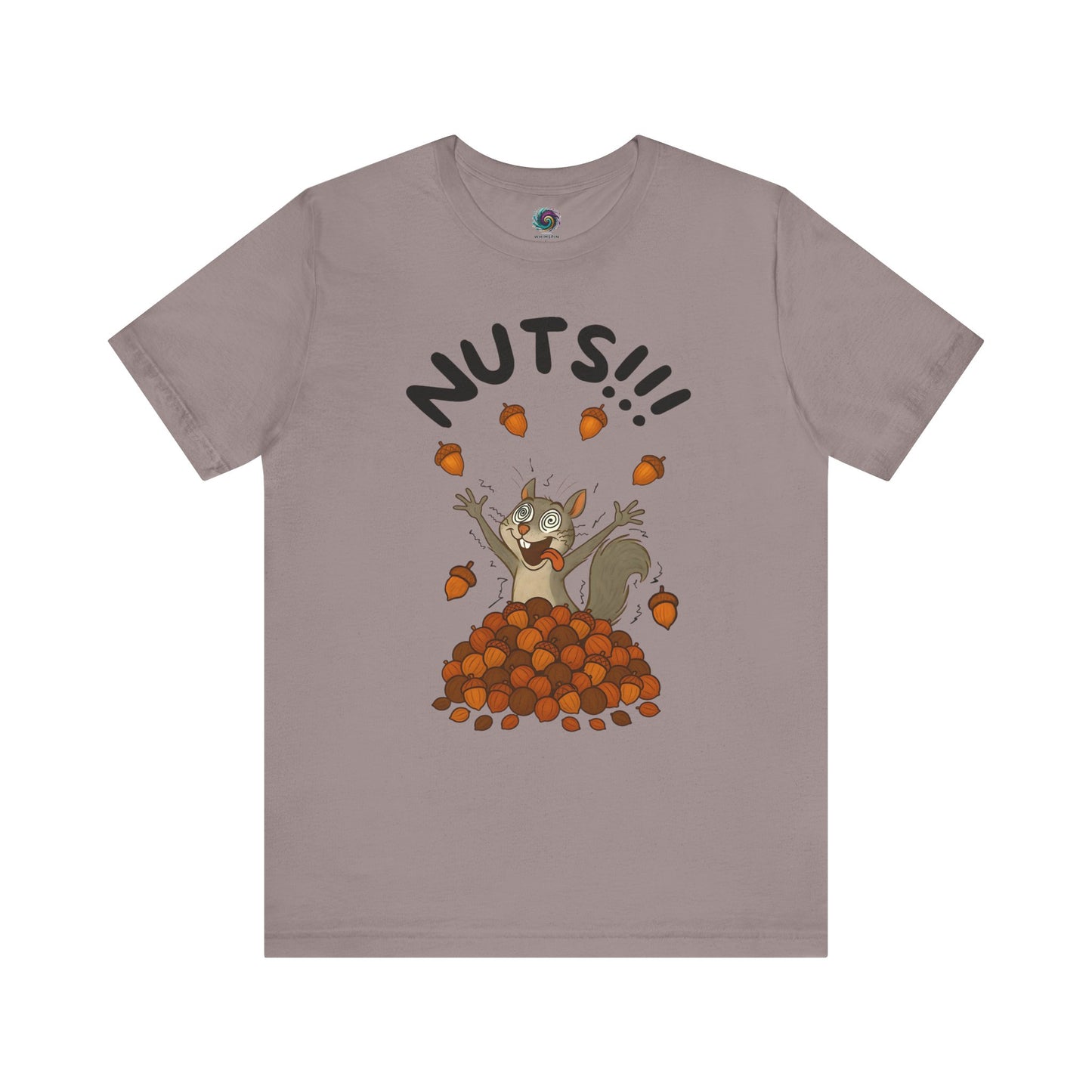 Crazy Squirrel Shirt – Funny Squirrel Nuts T-Shirt for Quirky Style laid flat in pebble brown featuring nut-obsessed cartoon squirrel
