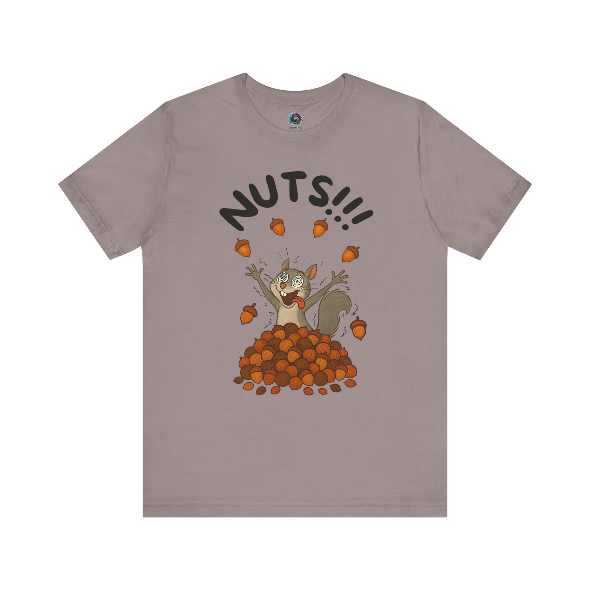 Crazy Squirrel Shirt – Funny Squirrel Nuts T-Shirt for Quirky Style laid flat in pebble brown featuring nut-obsessed cartoon squirrel