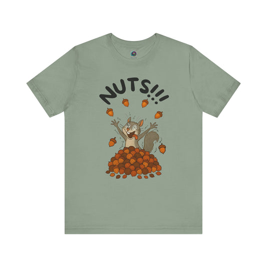 Crazy Squirrel Shirt – Funny Squirrel Nuts T-Shirt for Quirky Style laid flat in sage green, showcasing whimsical squirrel design