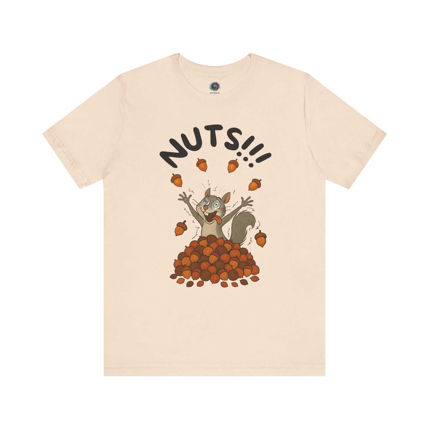 Crazy Squirrel Shirt – Funny Squirrel Nuts T-Shirt for Quirky Style in soft cream with wide-eyed squirrel illustration and flying nuts