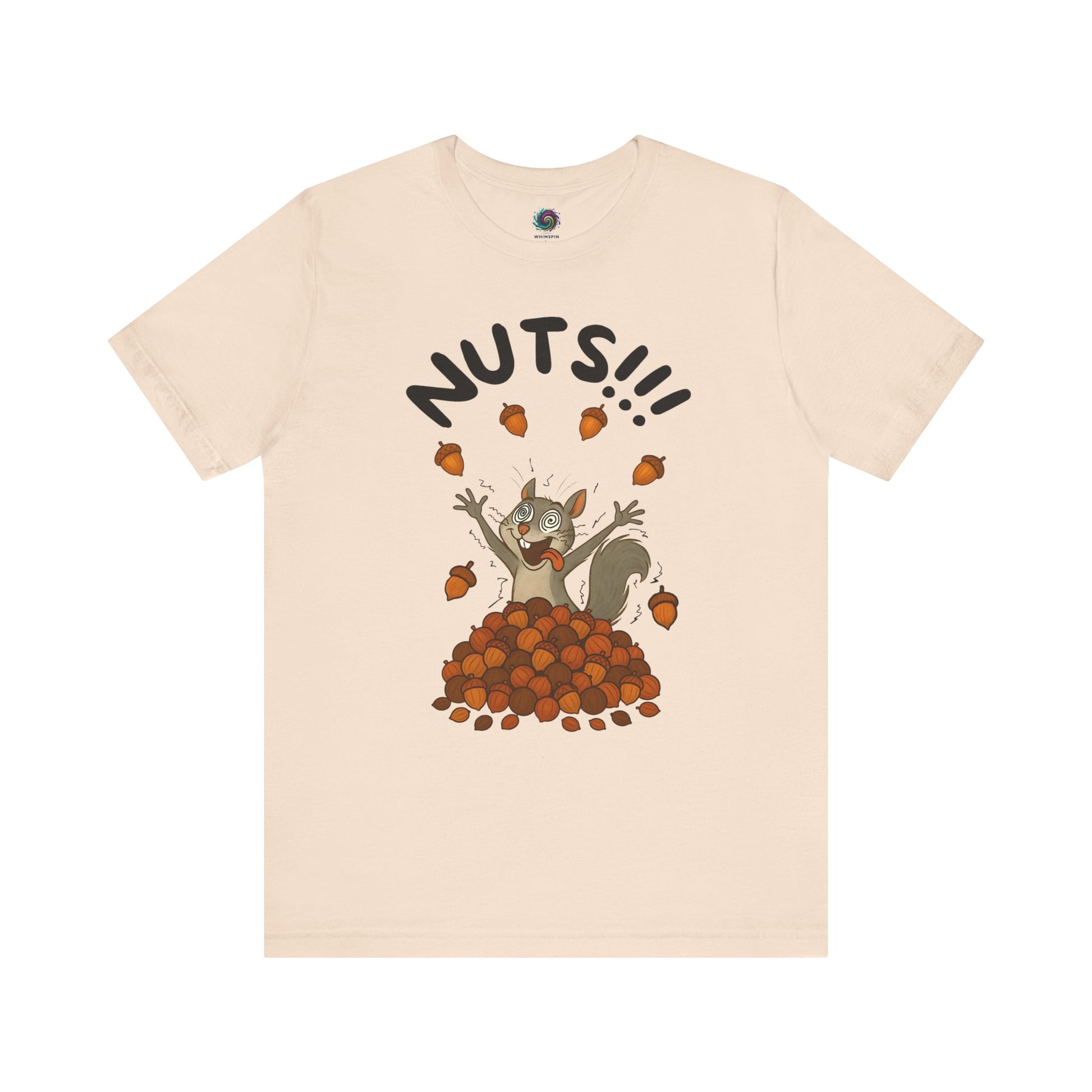 Crazy Squirrel Shirt – Funny Squirrel Nuts T-Shirt for Quirky Style in soft cream with wide-eyed squirrel illustration and flying nuts
