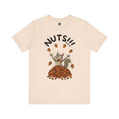 Crazy Squirrel Shirt – Funny Squirrel Nuts T-Shirt for Quirky Style in soft cream with wide-eyed squirrel illustration and flying nuts