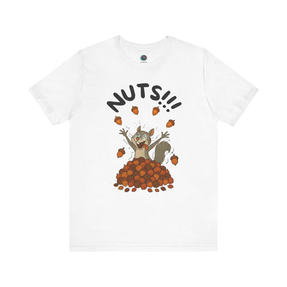 Crazy Squirrel Shirt – Funny Squirrel Nuts T-Shirt for Quirky Style laid flat in white with central squirrel and acorn graphic