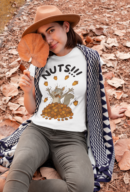 Crazy Squirrel Shirt – Funny Squirrel Nuts T-Shirt for Quirky Style in white, worn by woman on fall leaves with cozy layered outfit