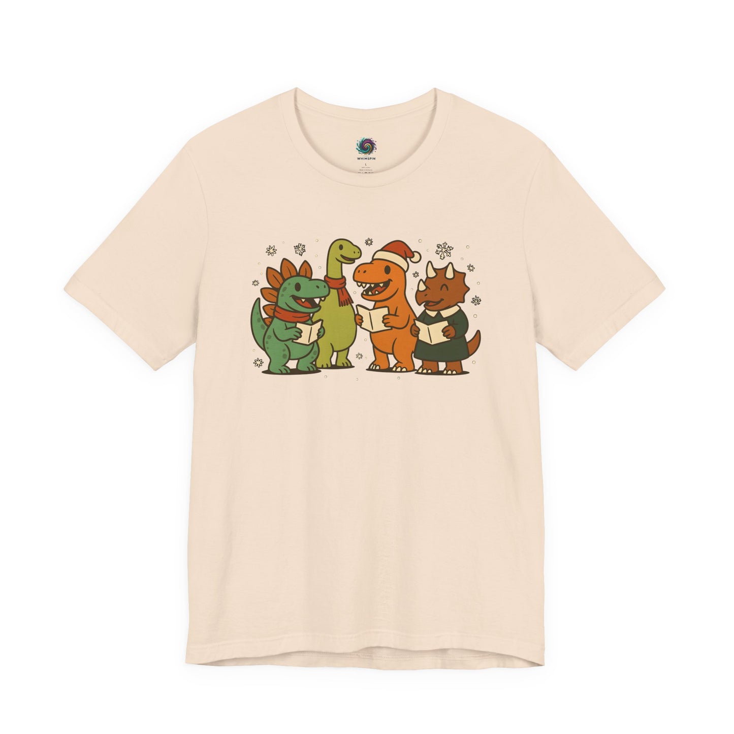 Dinosaur Carolers T-Shirt – Cute Dino Christmas Singing Tee in soft cream with dinosaurs singing and snowflake accents