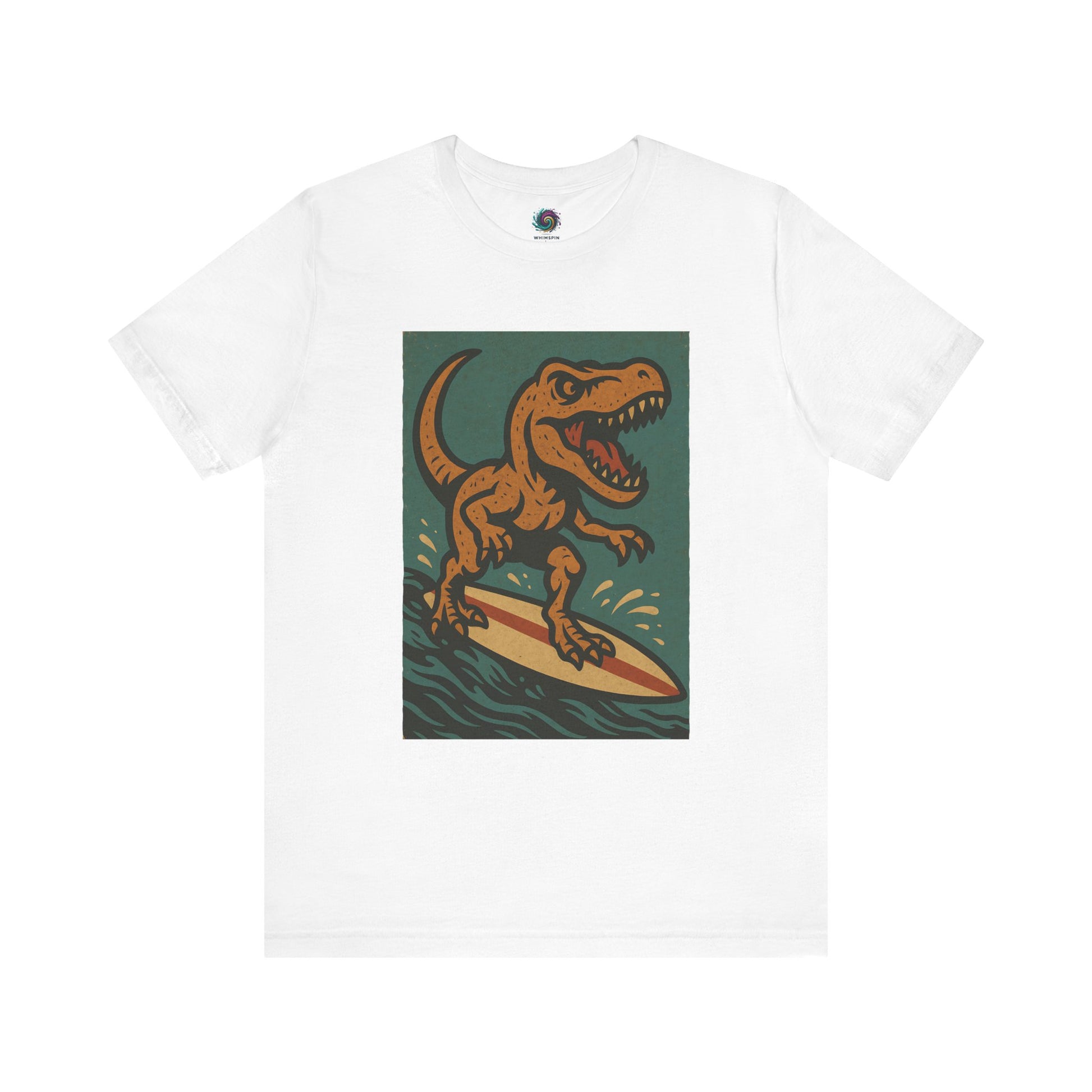 Surfing T-Rex T-Shirt – Funny Dinosaur Surfing Graphic Tee for Summer Vibes in white, highlighting a dinosaur surfing graphic perfect for summer vacations. a clean and bold surfing dinosaur design perfect for beach trips and casual surf wear.