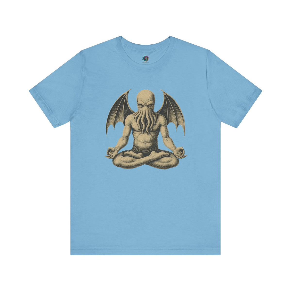 Meditating Cthulhu Shirt – Unisex Mythos Tee for Sci-Fi & Festival Fans in ocean blue, featuring the elder god mid-meditation, evoking cosmic calm.