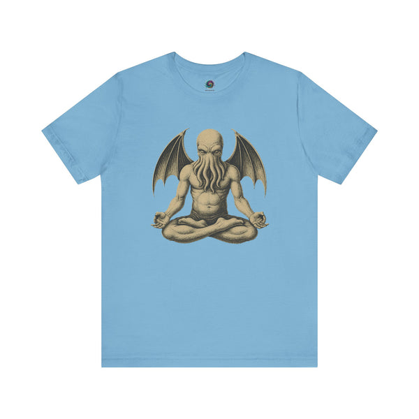 Meditating Cthulhu Shirt – Unisex Mythos Tee for Sci-Fi & Festival Fans in ocean blue, featuring the elder god mid-meditation, evoking cosmic calm.