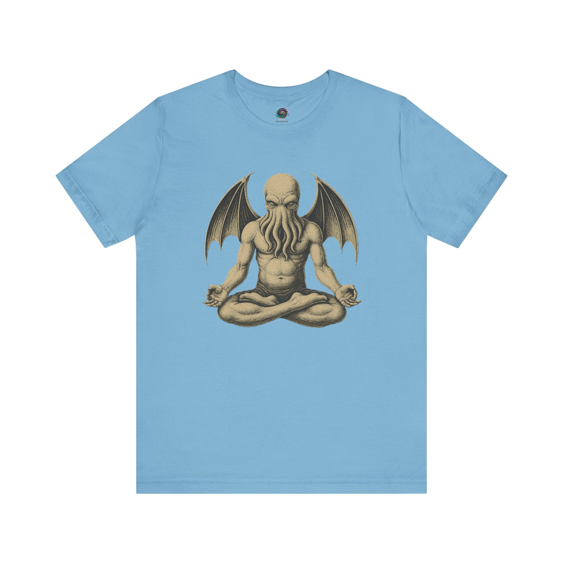 Meditating Cthulhu Shirt – Unisex Mythos Tee for Sci-Fi & Festival Fans in ocean blue, featuring the elder god mid-meditation, evoking cosmic calm.