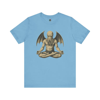 Meditating Cthulhu Shirt – Unisex Mythos Tee for Sci-Fi & Festival Fans in ocean blue, featuring the elder god mid-meditation, evoking cosmic calm.
