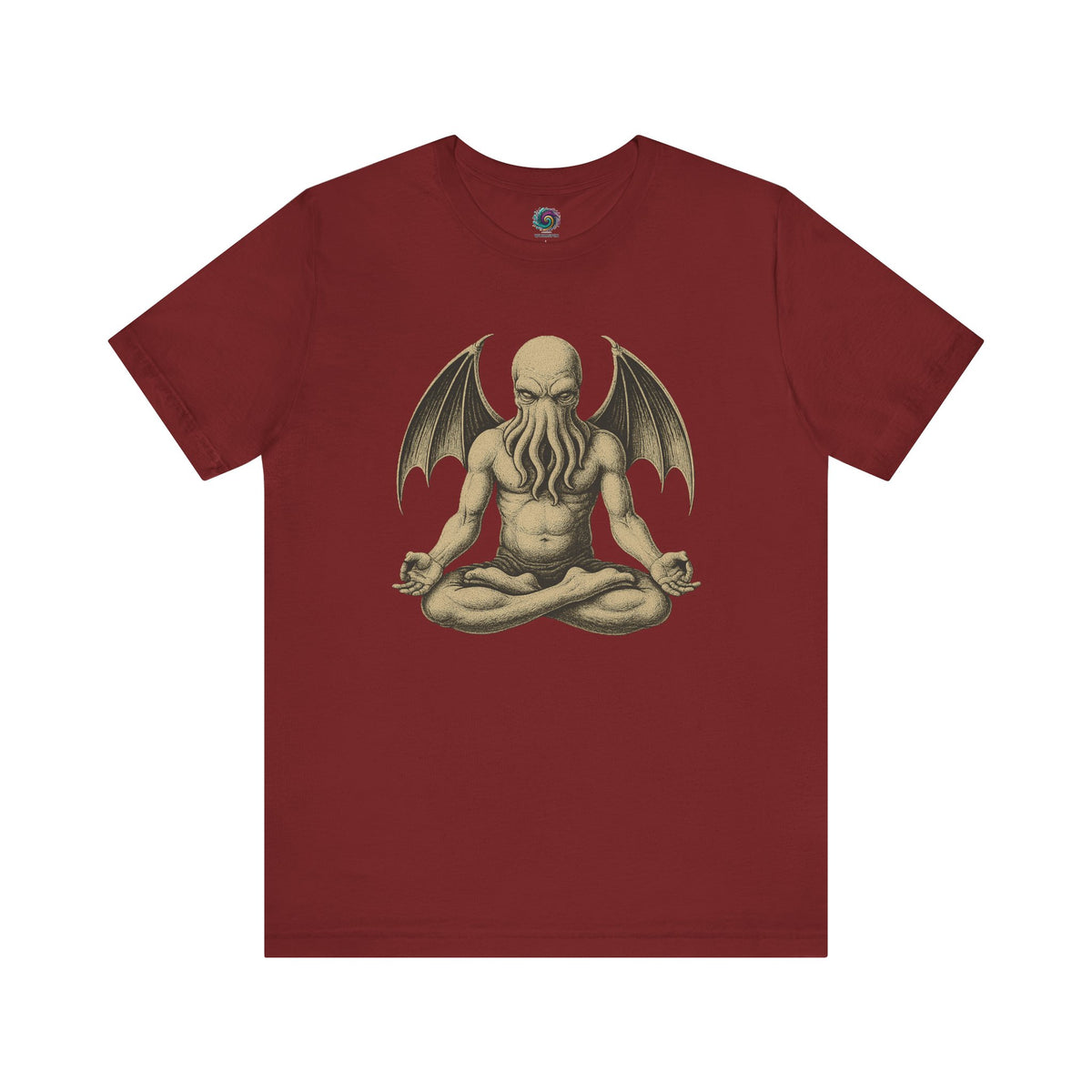 Meditating Cthulhu Shirt – Unisex Mythos Tee for Sci-Fi & Festival Fans in canvas red with a dramatic elder god in lotus position design, perfect for cosmic horror lovers.