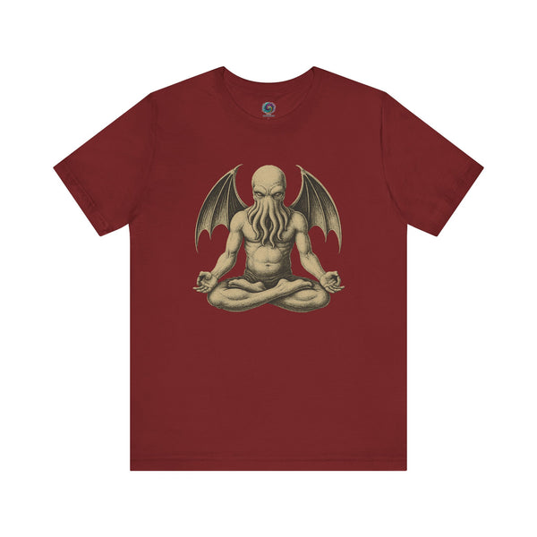 Meditating Cthulhu Shirt – Unisex Mythos Tee for Sci-Fi & Festival Fans in canvas red with a dramatic elder god in lotus position design, perfect for cosmic horror lovers.