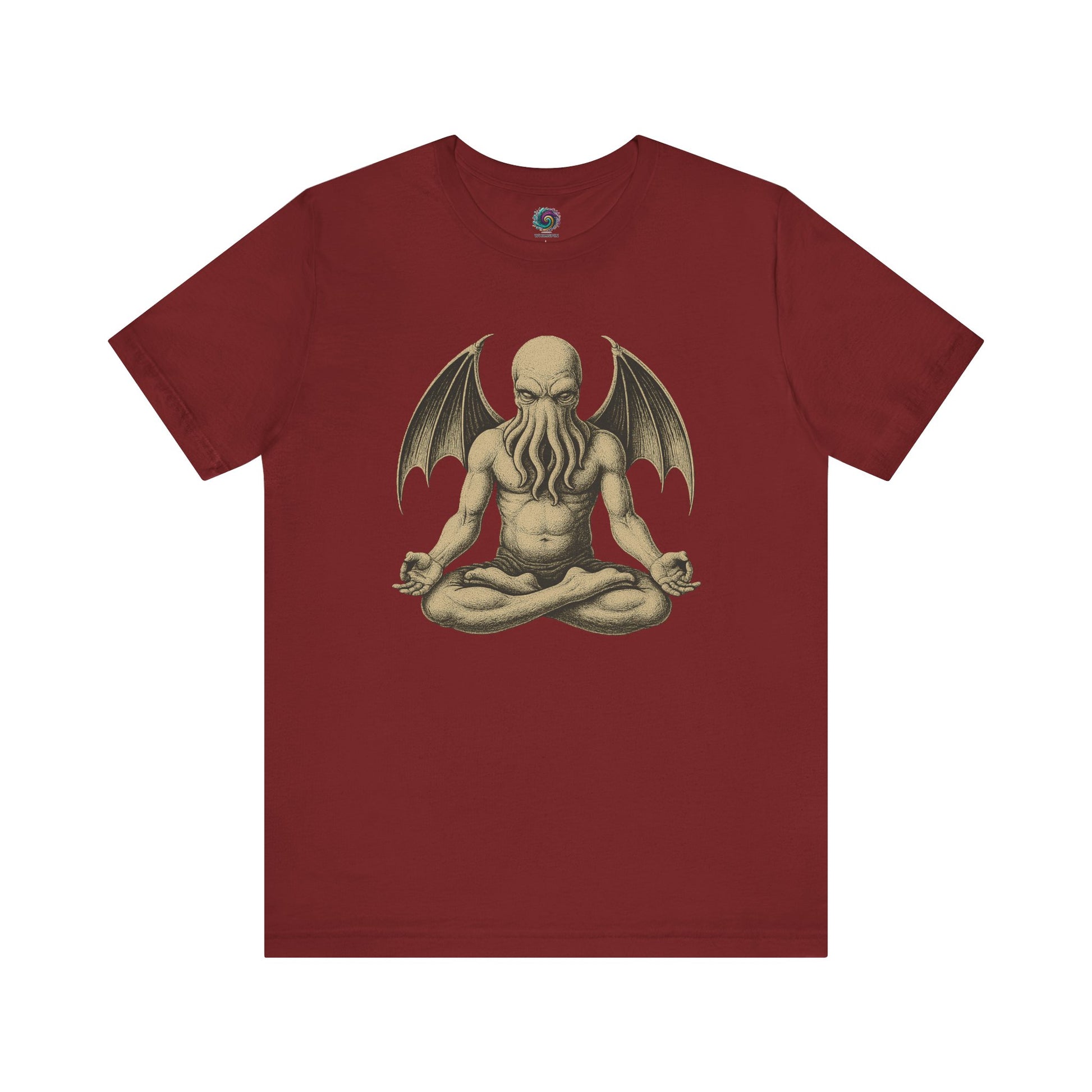 Meditating Cthulhu Shirt – Unisex Mythos Tee for Sci-Fi & Festival Fans in canvas red with a dramatic elder god in lotus position design, perfect for cosmic horror lovers.
