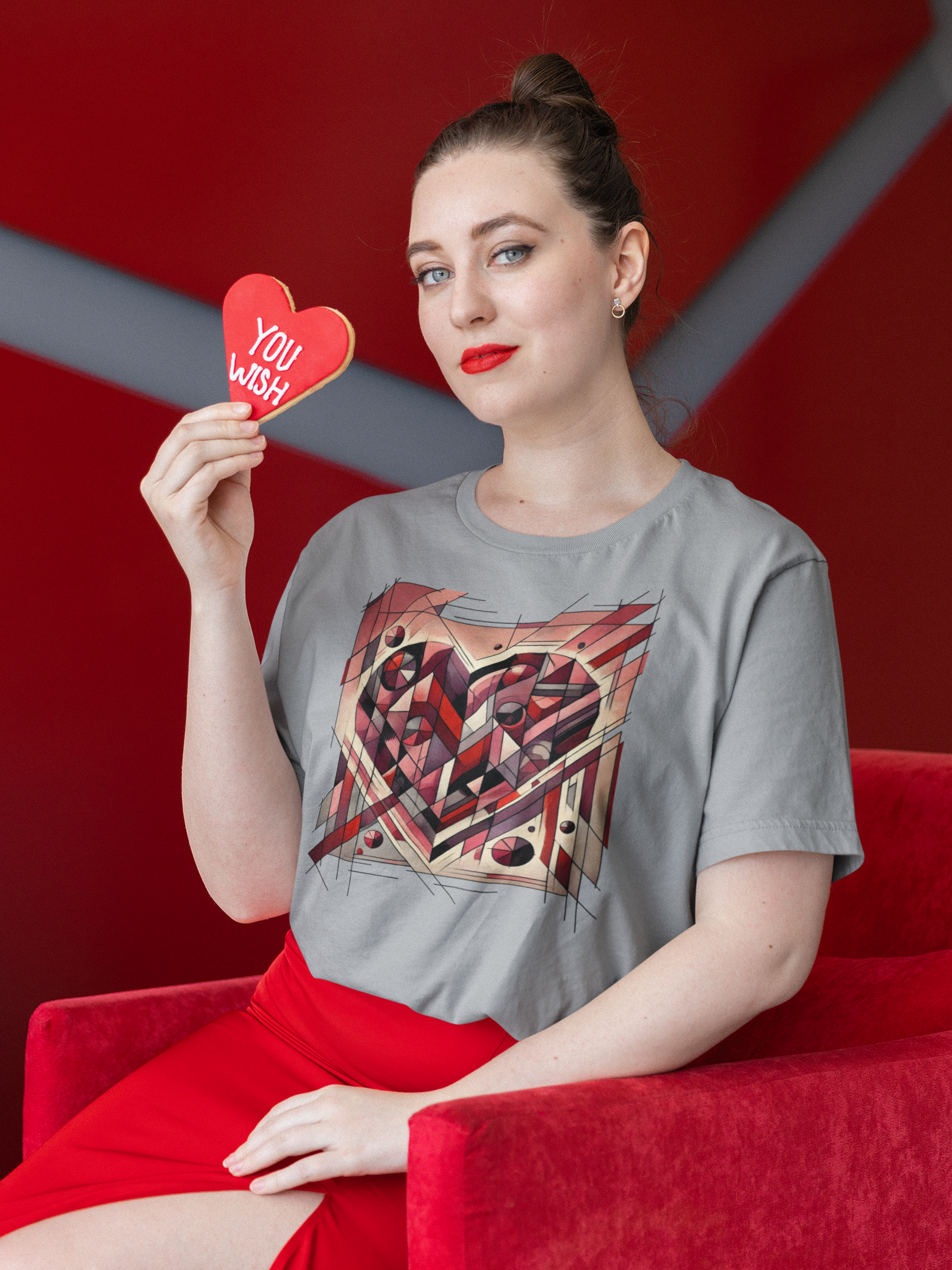 Cubist Heart T-Shirt – Modern Art Valentine's Day Graphic Tee worn by a model holding a heart prop, pairing playful Valentine energy with cubist valentine art design.