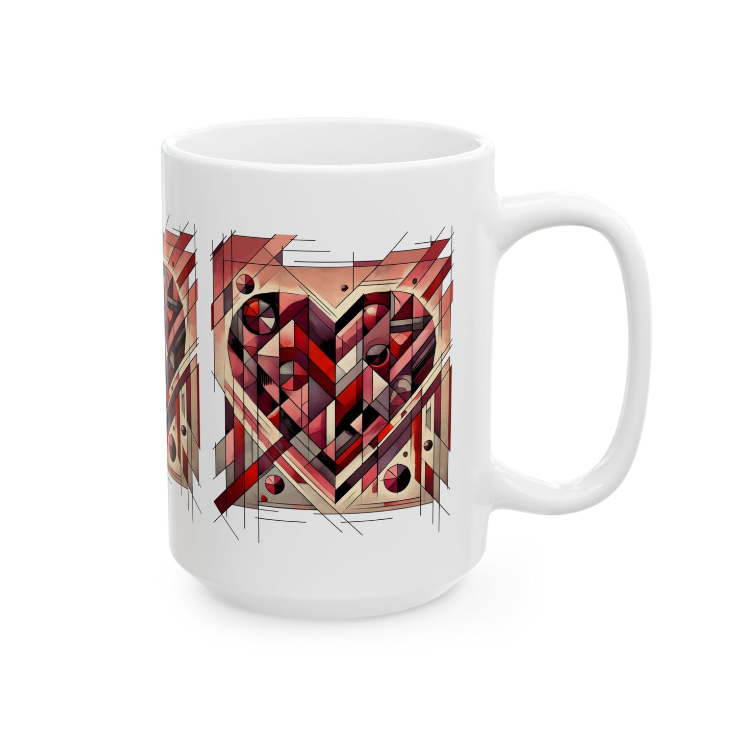 Cubist Heart Mug – Modern Art Valentine's Day Ceramic Coffee Cup (11oz/15oz) pictured as a 15oz mug highlighting the geometric cubist heart across a wider ceramic surface.