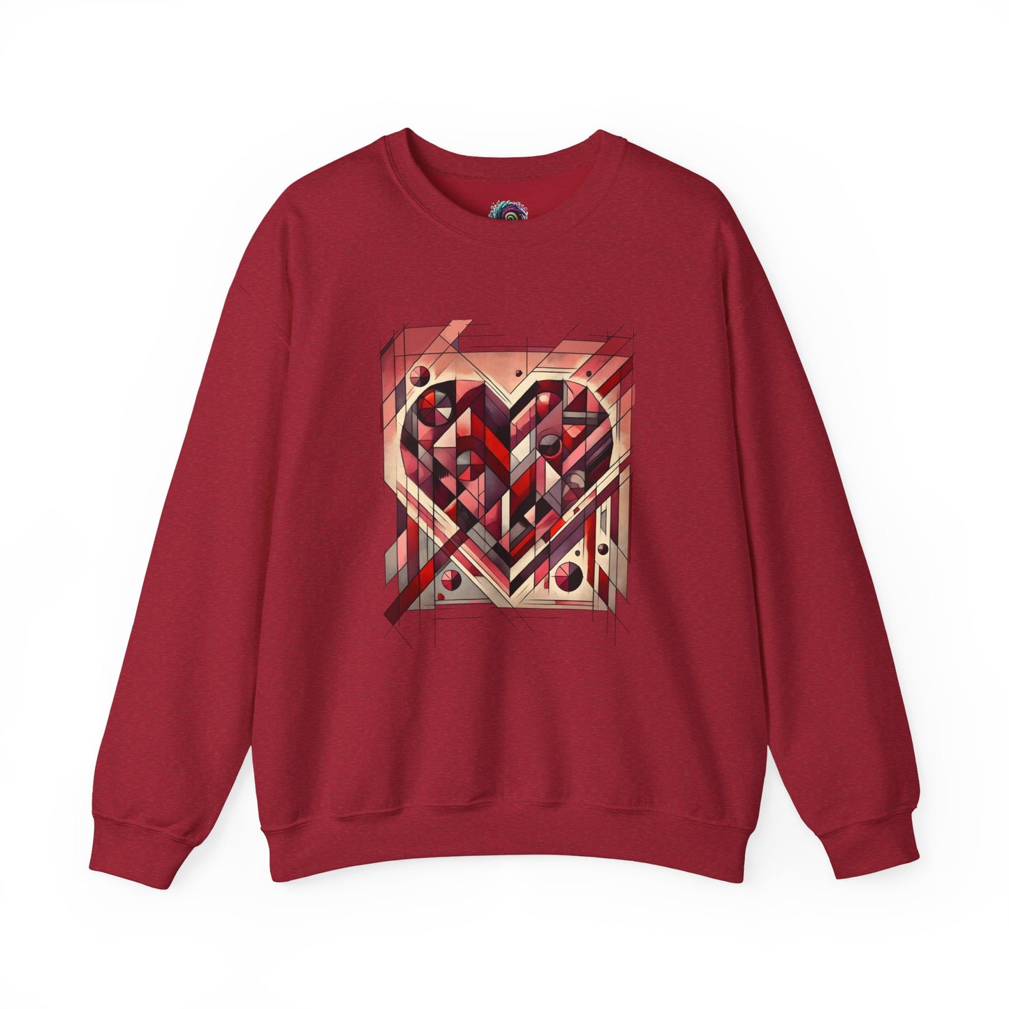 Cubist Heart Sweatshirt – Modern Art Valentine’s Day Pullover laid flat in Antique Cherry Red, featuring a geometric cubist heart design inspired by modern art