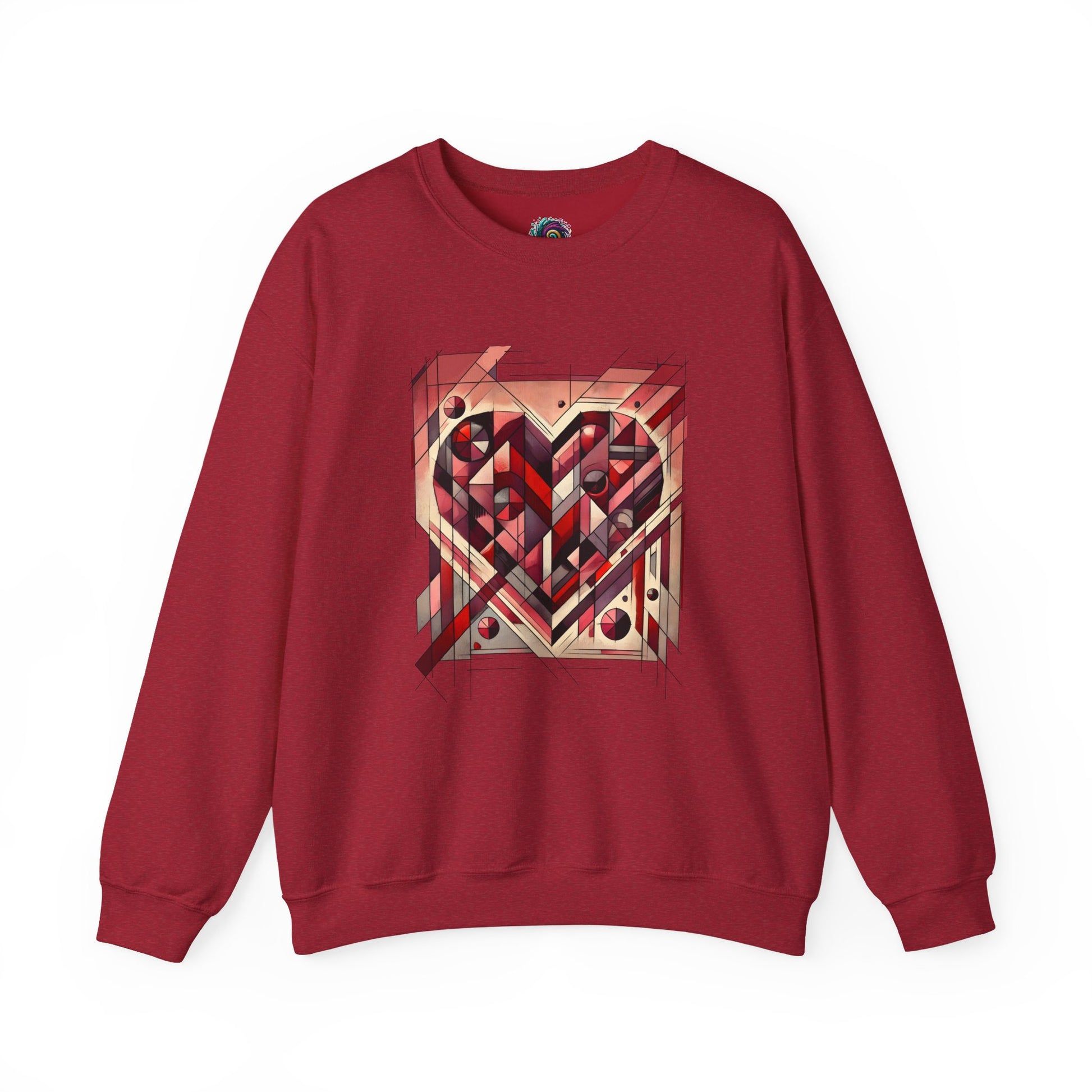 Cubist Heart Sweatshirt – Modern Art Valentine’s Day Pullover laid flat in Antique Cherry Red, featuring a geometric cubist heart design inspired by modern art