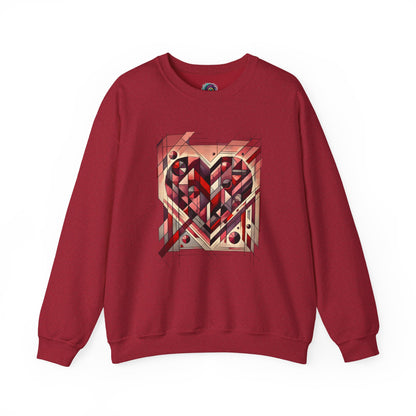 Cubist Heart Sweatshirt – Modern Art Valentine’s Day Pullover laid flat in Antique Cherry Red, featuring a geometric cubist heart design inspired by modern art