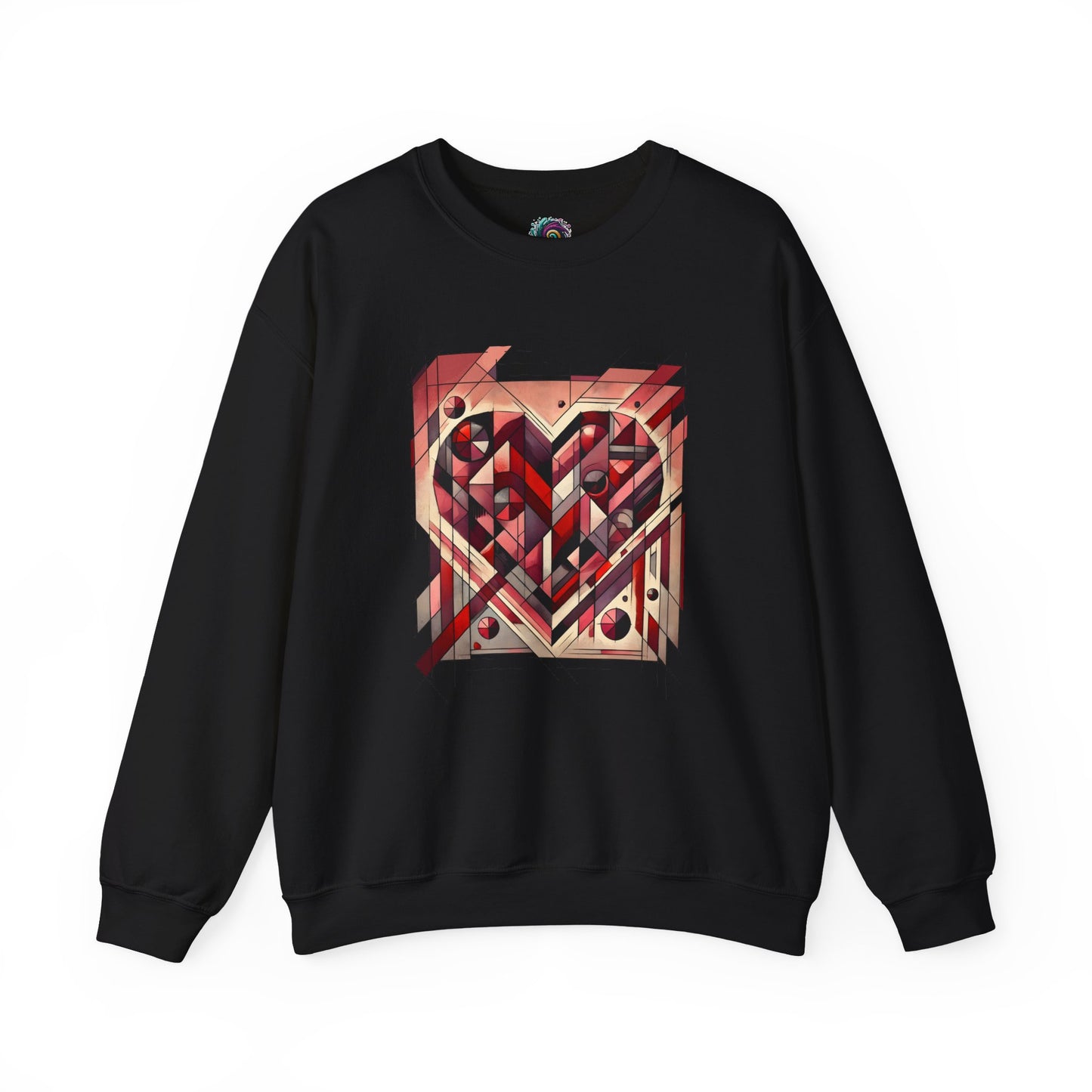 Cubist Heart Sweatshirt – Modern Art Valentine’s Day Pullover laid flat in Black with high-contrast cubist heart artwork