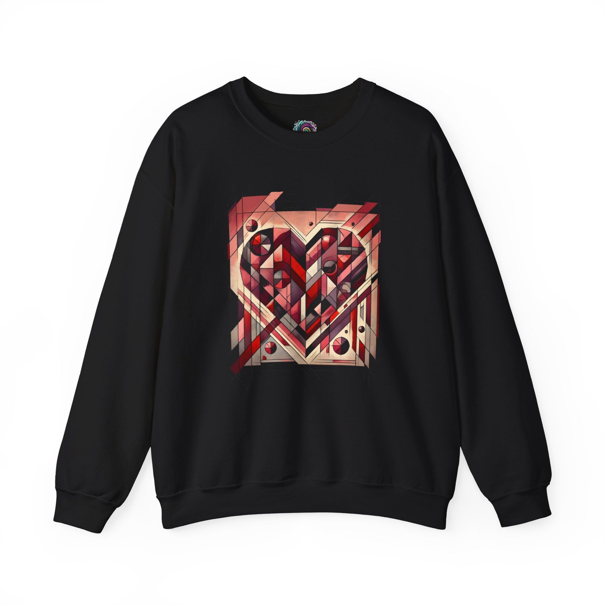 Cubist Heart Sweatshirt – Modern Art Valentine’s Day Pullover laid flat in Black with high-contrast cubist heart artwork