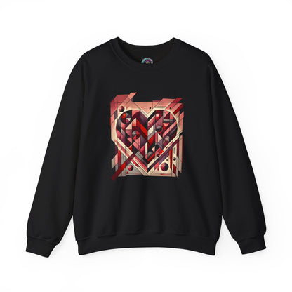 Cubist Heart Sweatshirt – Modern Art Valentine’s Day Pullover laid flat in Black with high-contrast cubist heart artwork
