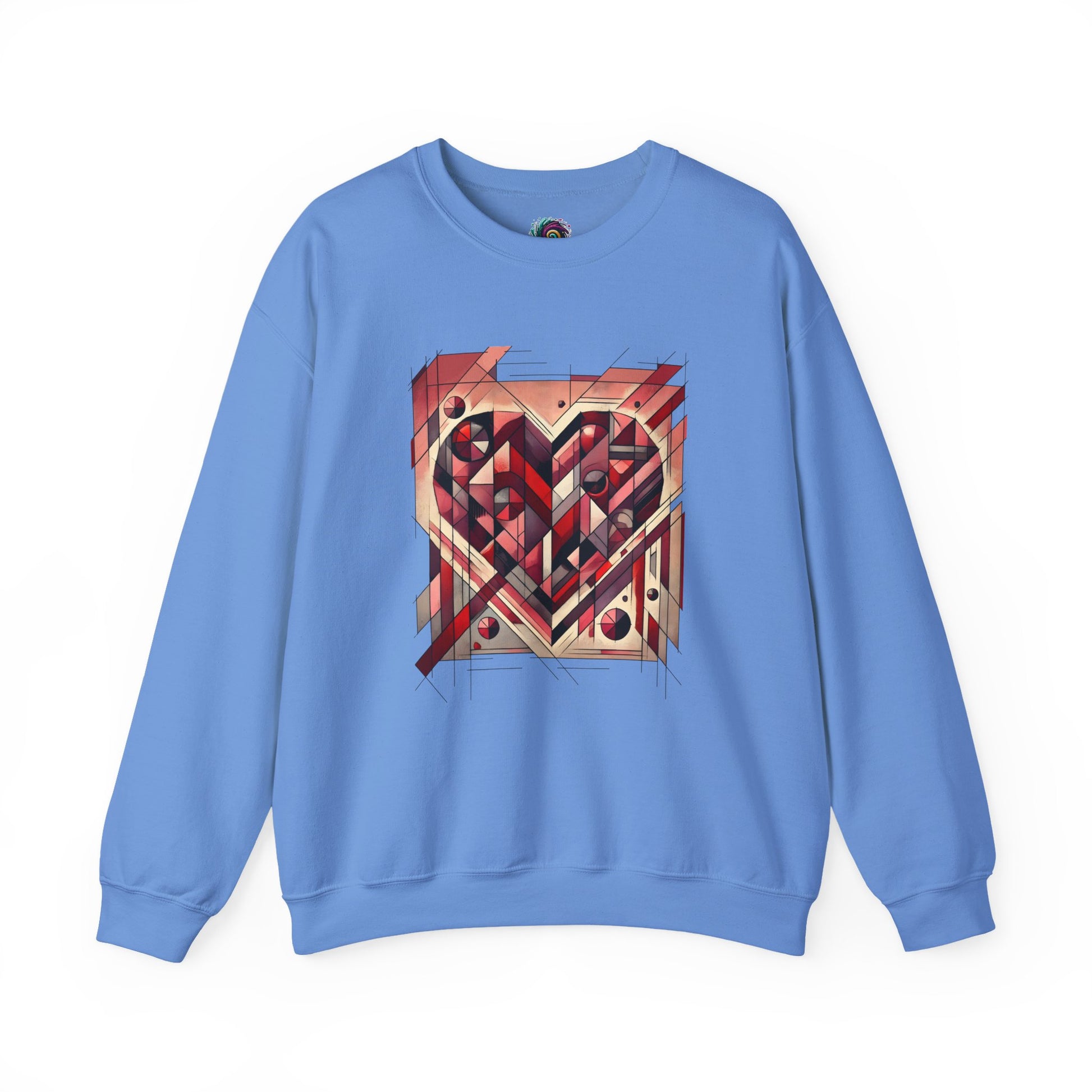 Cubist Heart Sweatshirt – Modern Art Valentine’s Day Pullover laid flat in Carolina Blue with a bold cubist heart Valentine’s graphic