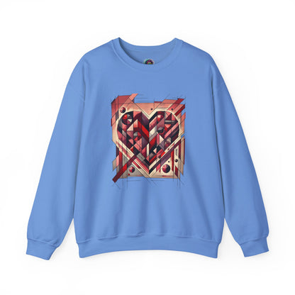 Cubist Heart Sweatshirt – Modern Art Valentine’s Day Pullover laid flat in Carolina Blue with a bold cubist heart Valentine’s graphic
