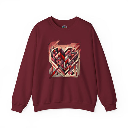 Cubist Heart Sweatshirt – Modern Art Valentine’s Day Pullover laid flat in Garnet, showcasing layered cubist heart artwork