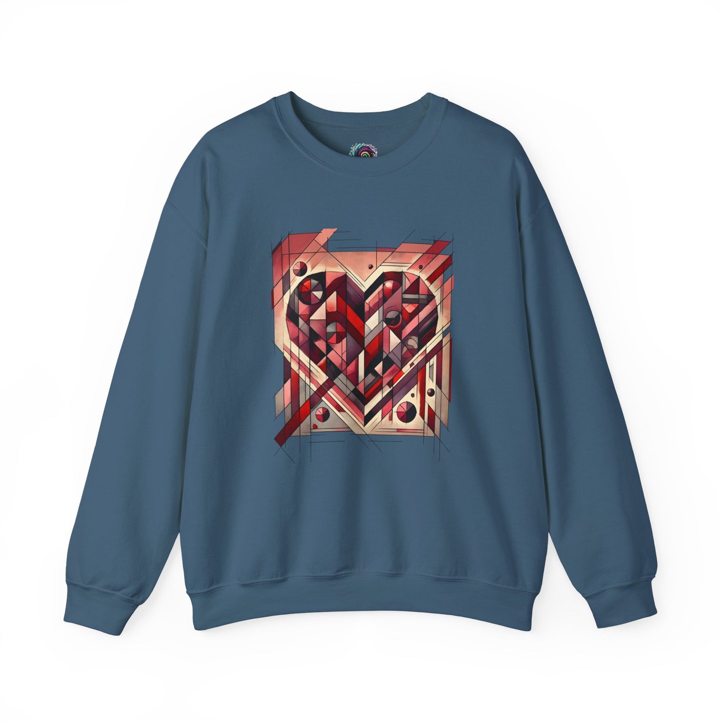 Cubist Heart Sweatshirt – Modern Art Valentine’s Day Pullover laid flat in Indigo Blue with a striking cubist Valentine’s heart