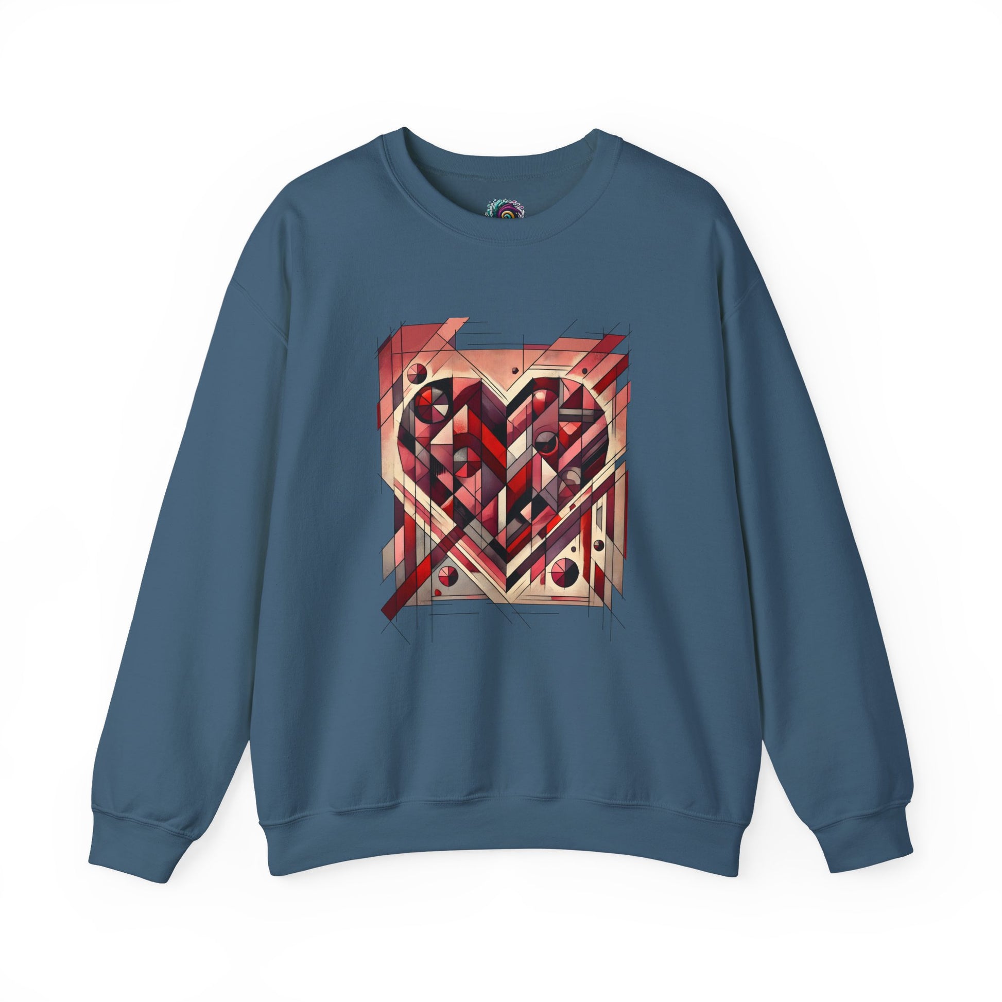 Cubist Heart Sweatshirt – Modern Art Valentine’s Day Pullover laid flat in Indigo Blue with a striking cubist Valentine’s heart