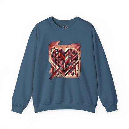 Cubist Heart Sweatshirt – Modern Art Valentine’s Day Pullover laid flat in Indigo Blue with a striking cubist Valentine’s heart
