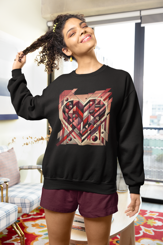 Cubist Heart Sweatshirt – Modern Art Valentine’s Day Pullover worn in a bright modern living room, featuring a bold cubist heart graphic on a black sweatshirt styled with casual shorts
