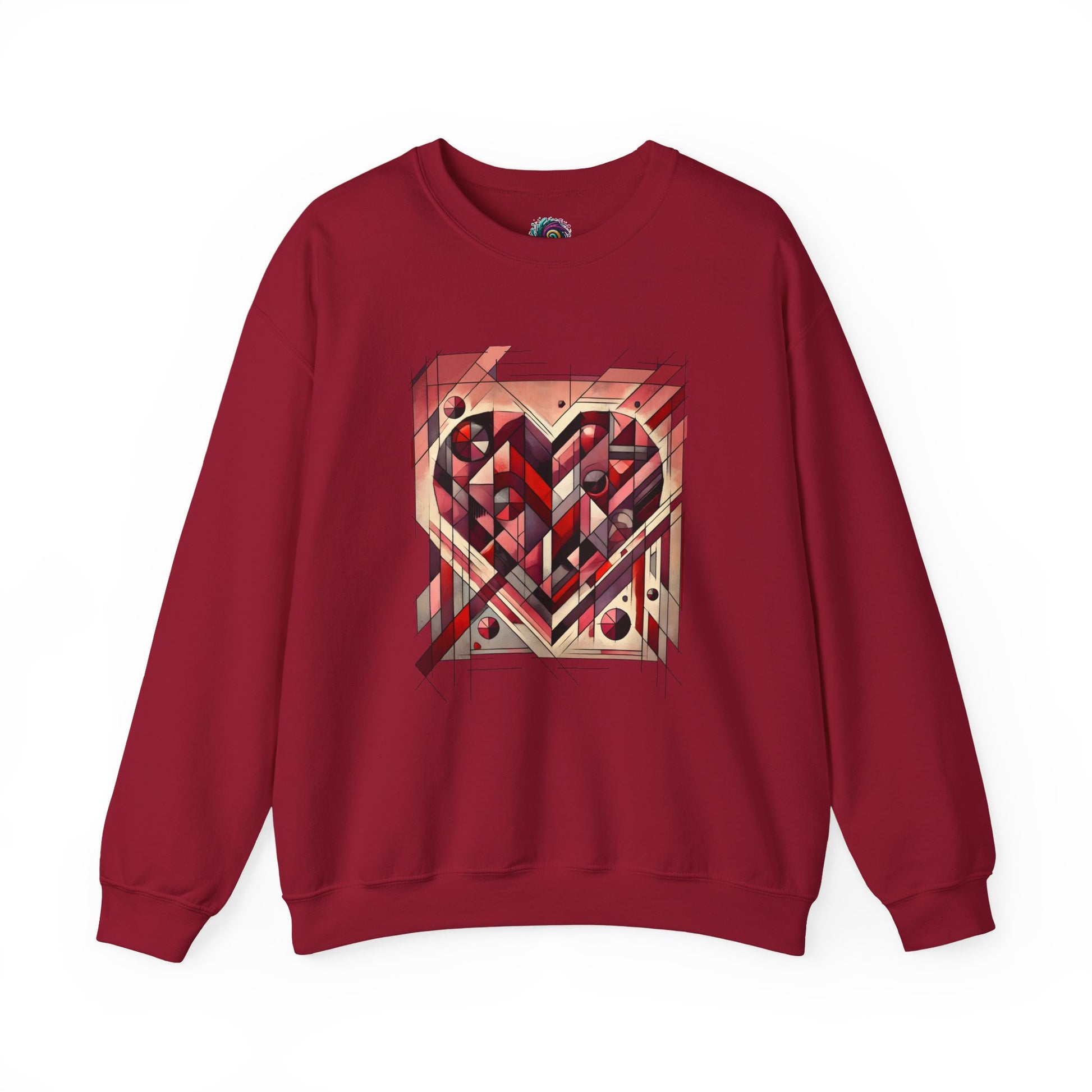 Cubist Heart Sweatshirt – Modern Art Valentine’s Day Pullover worn casually indoors, showing a deep red cubist heart design inspired by modern art